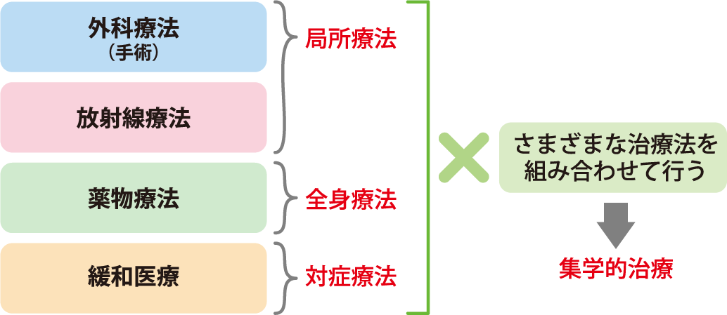 局所療法:外科療法(手術)・放射線療法 全身療法:薬物療法 対症療法:緩和医療 × さまざまな治療法を組み合わせて行う=集学的治療