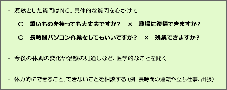 ・漠然として質問はNG。具体的な質問を心がけて 〇重いものを持っても大丈夫ですか? ✕職場に復帰できますか? 〇長時間パソコン作業をしてもいいですか? ✕残業できますか? ・今後の体調の変化や治療の見通しなど、医学的なことを聞く ・体力的にできること、できないことを相談する(例:長時間の運転や立ち仕事、出張)