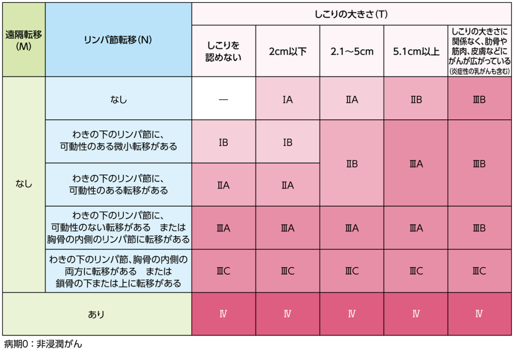 病期（ステージ）分類の表。乳がんの病期は、しこりの大きさ（T）、リンパ節への転移状況（N）、他の臓器への転移の有無（M）によって、大きく0期～Ⅳ期にわけられます。