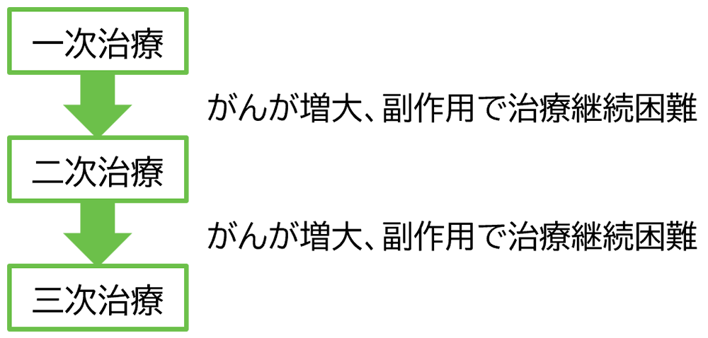 一次治療↓がんが増大、副作用で治療継続困難↓二次治療↓がんが増大、副作用で治療継続困難↓三次治療​